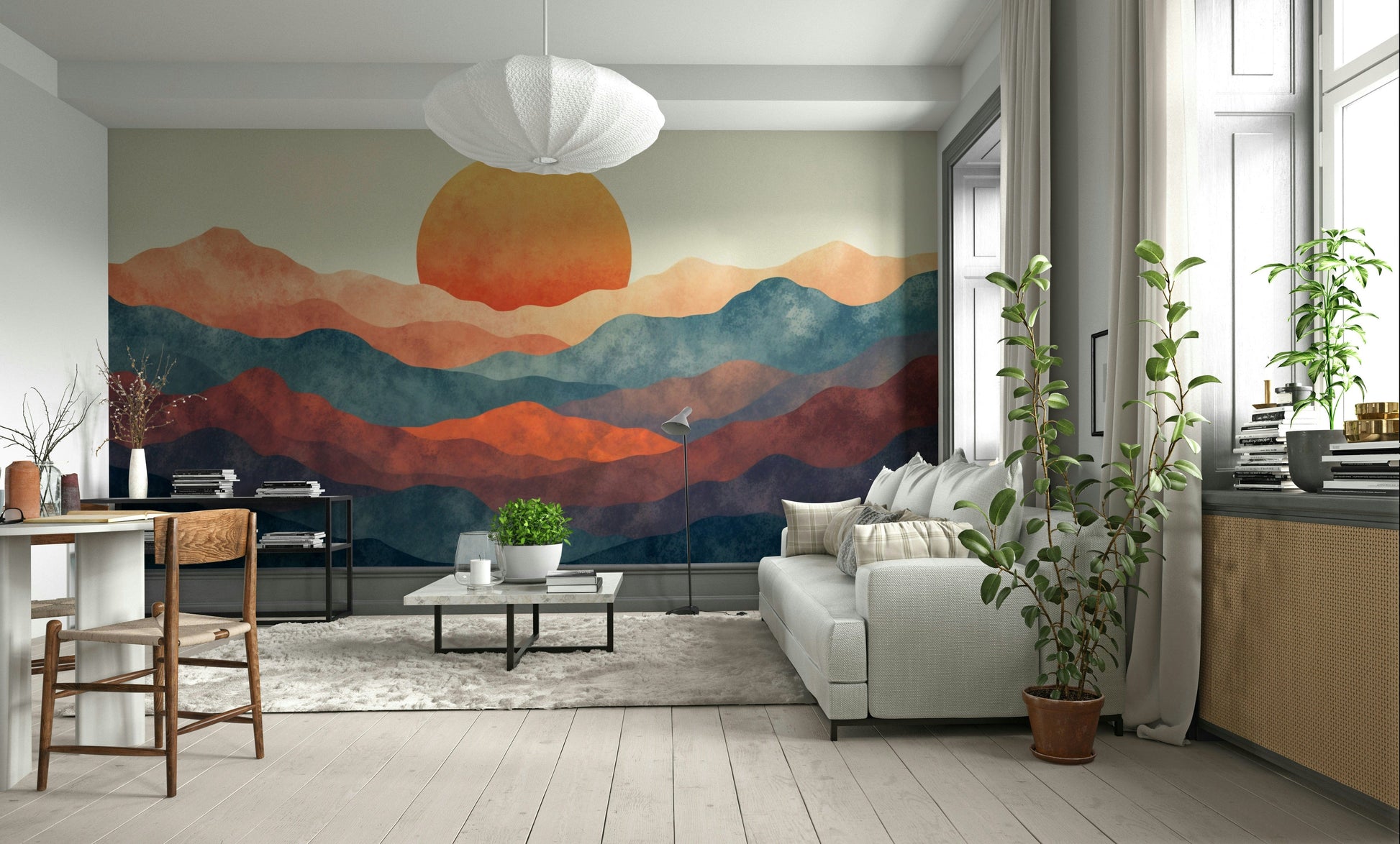 The peel and stick wallpaper showing realistic landscape textures.