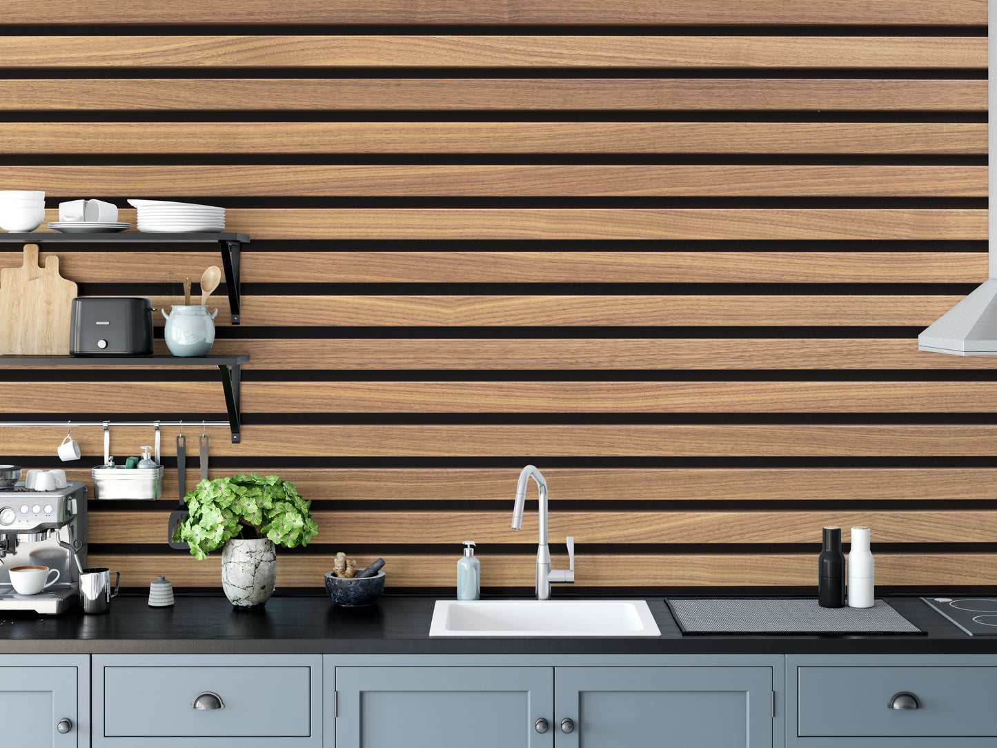 Horizontal Stripes Wood Various Design wallpaper in warm wood above gray cabinets and a sink in a kitchen