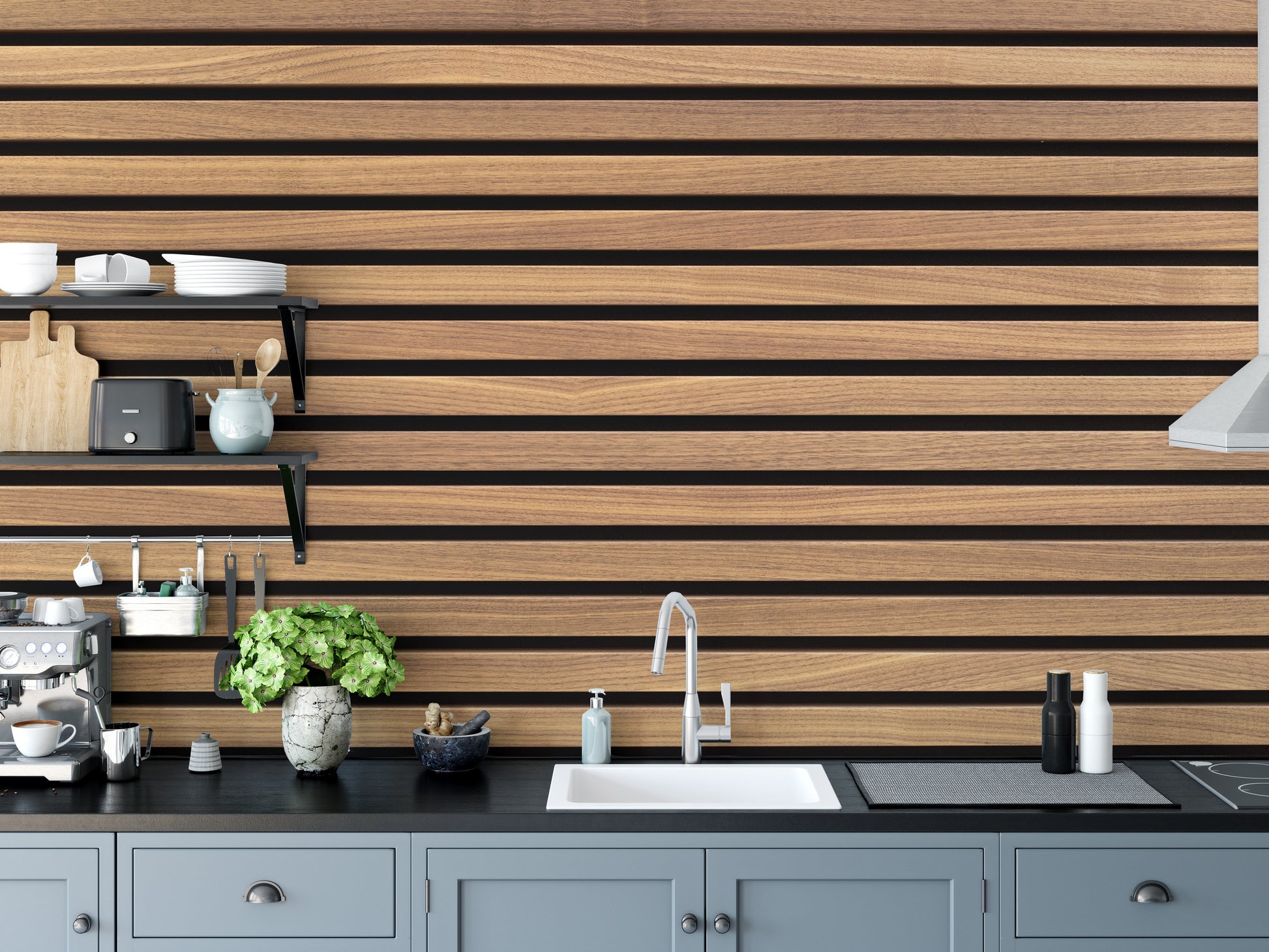 Horizontal Stripes Wood Various Design wallpaper in warm wood above gray cabinets and a sink in a kitchen