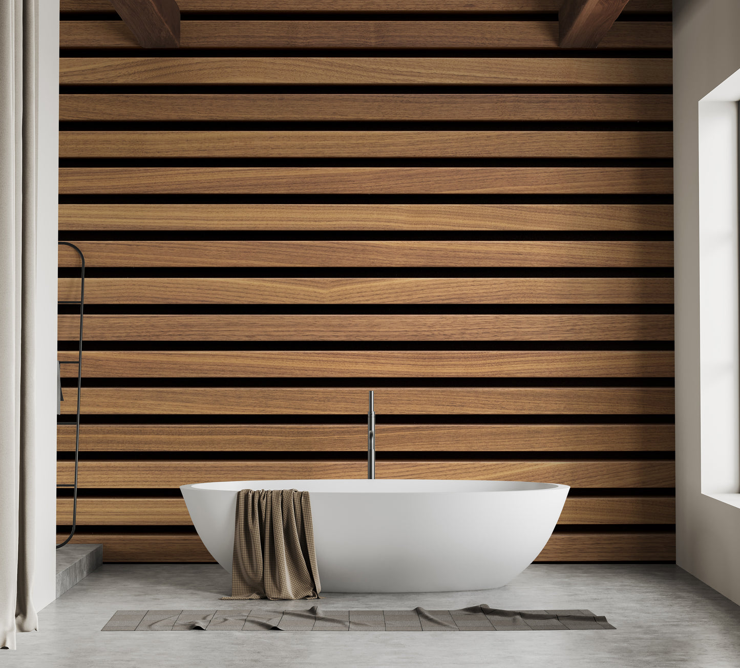 Horizontal Stripes Wood Various Design wallpaper in warm wood behind a white soaking tub under timber ceiling beams in a bathroom