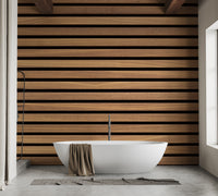 Horizontal Stripes Wood Various Design wallpaper in warm wood behind a white soaking tub under timber ceiling beams in a bathroom