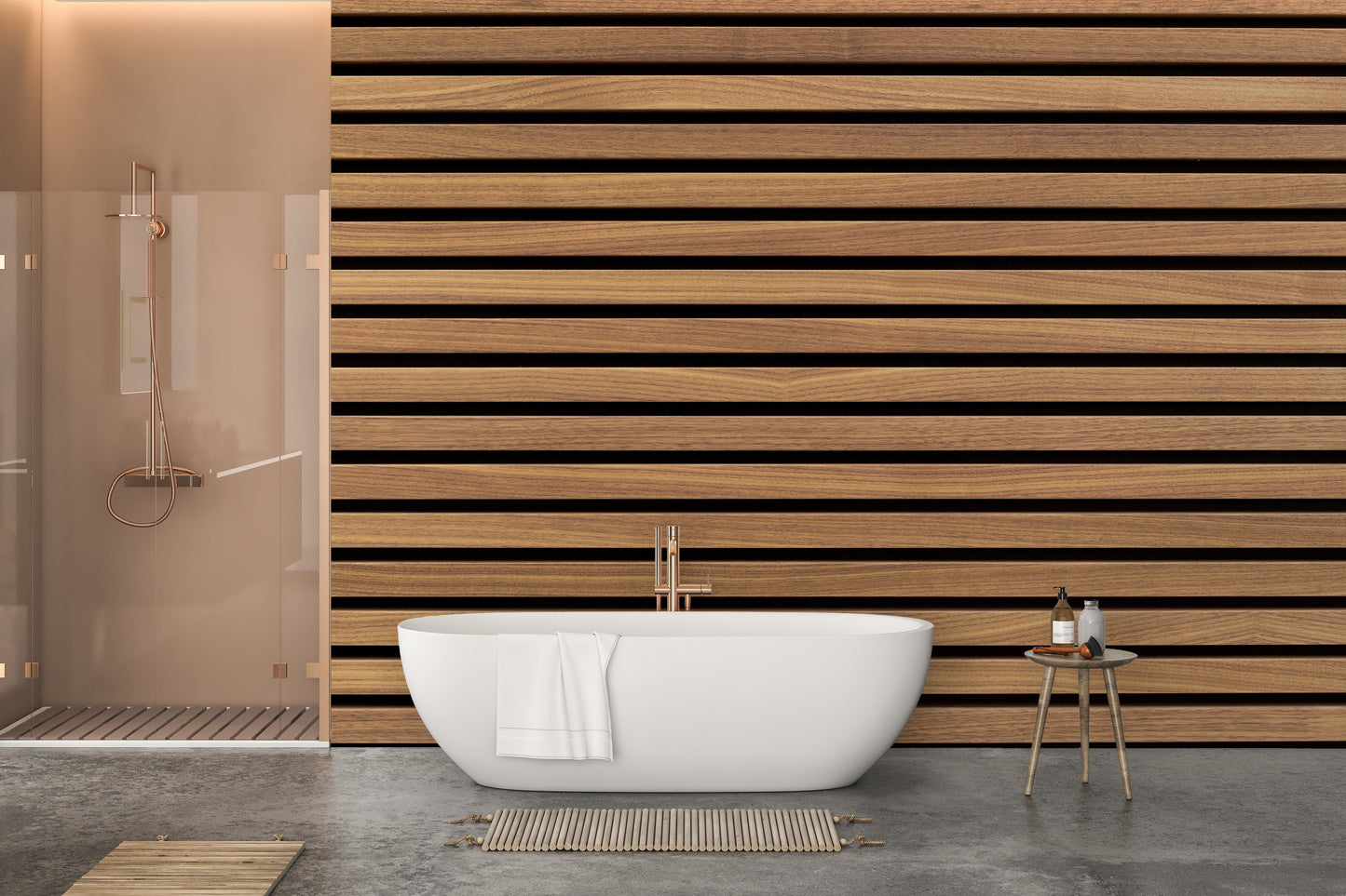 Horizontal Stripes Wood Various Design wallpaper in warm wood behind a white freestanding tub and glass shower in a bathroom