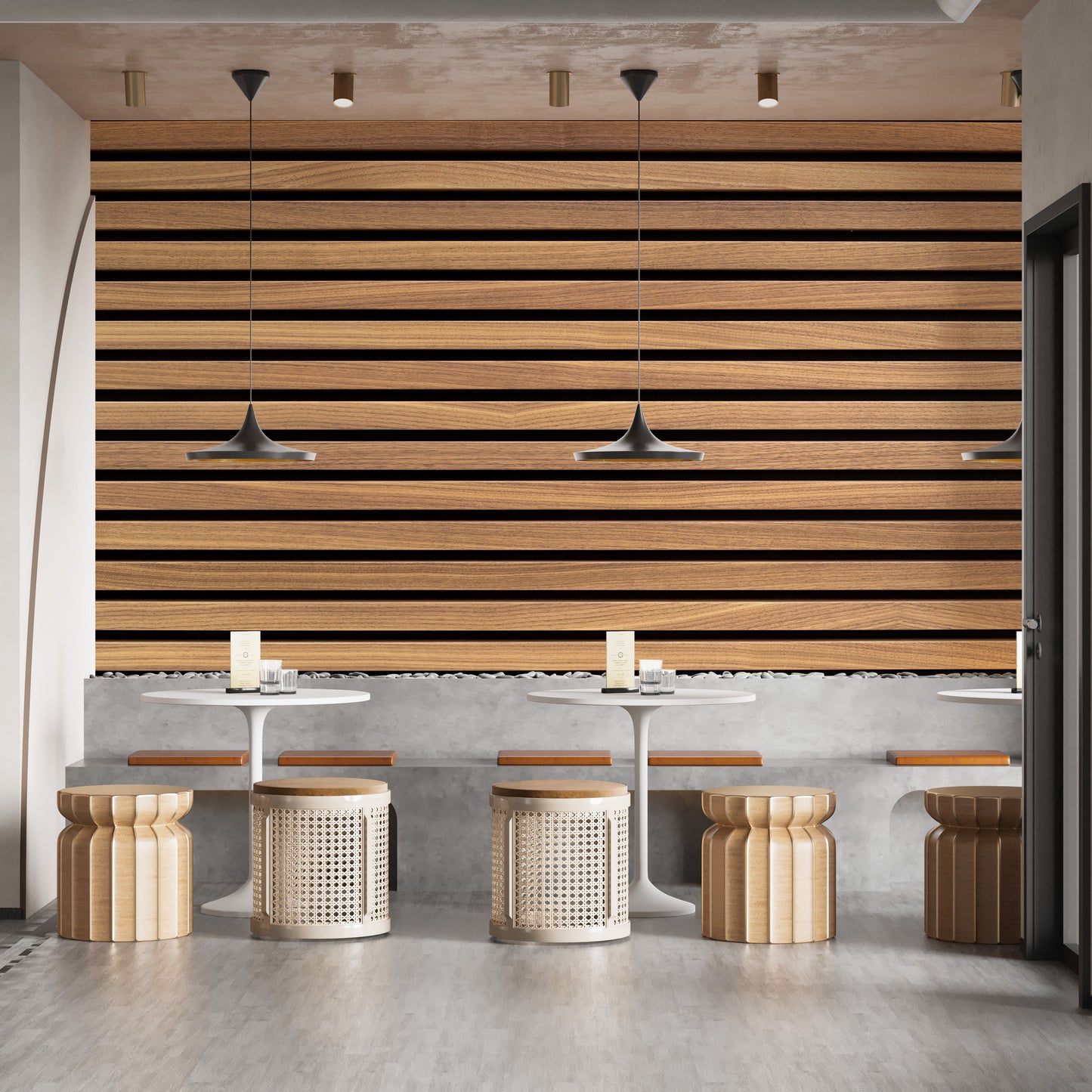 Horizontal Stripes Wood Various Design wallpaper in warm wood tones behind white tables and rattan stools in a cafe lounge