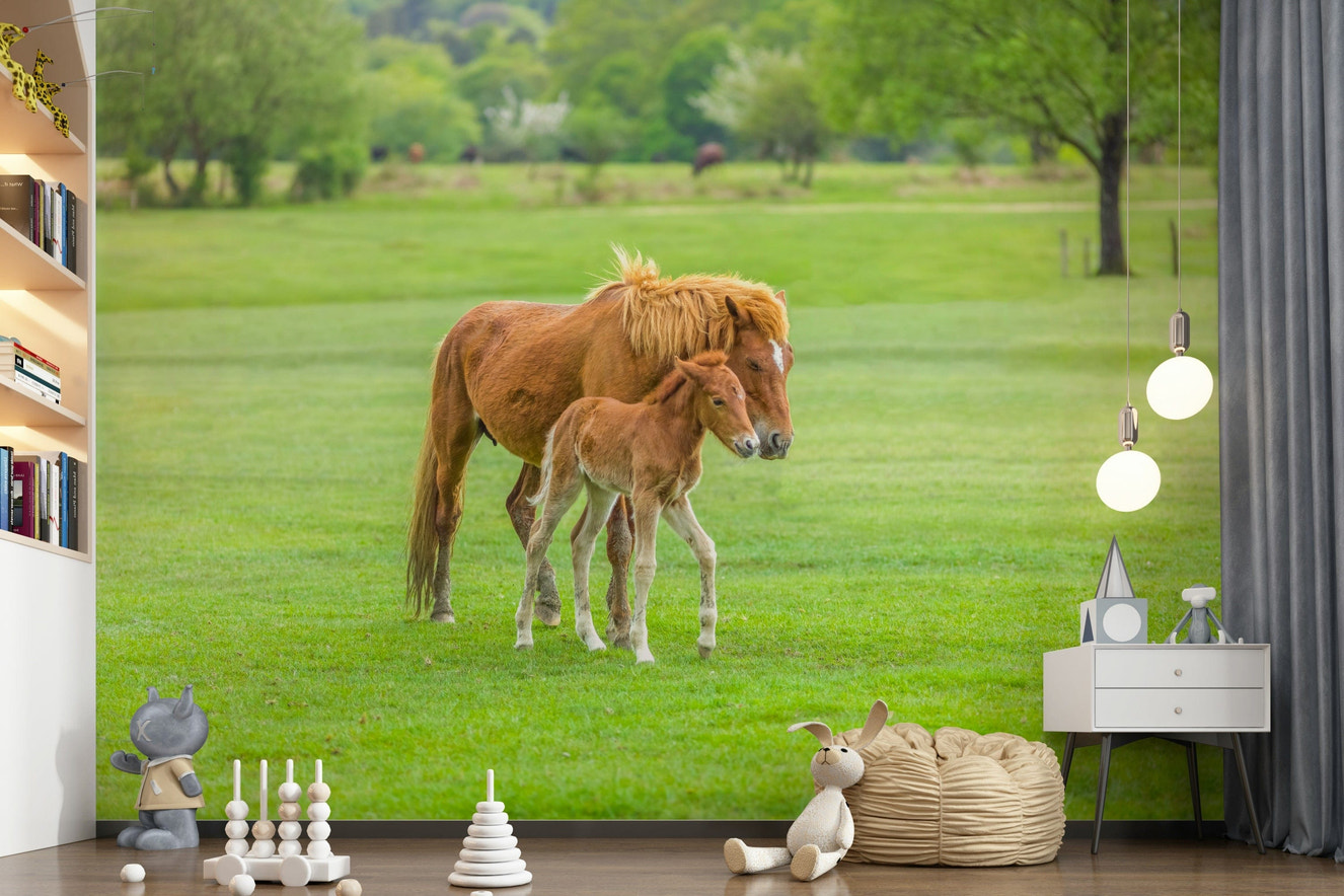 Baby room feature wall with foal and meadow, neutral color palette