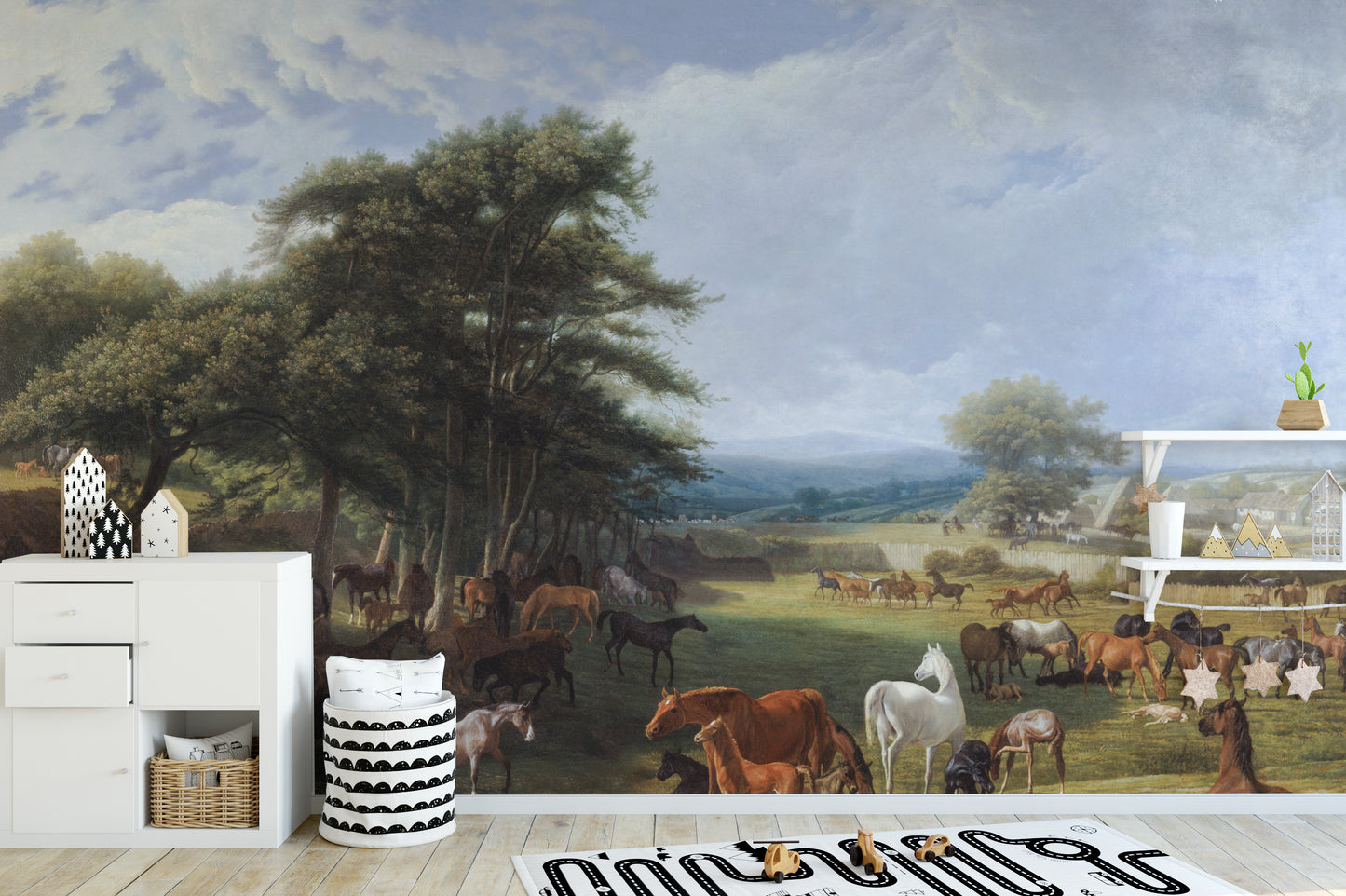 Horse Meadow wallpaper mural with a herd of horses in green pastures behind a white dresser in a kids room