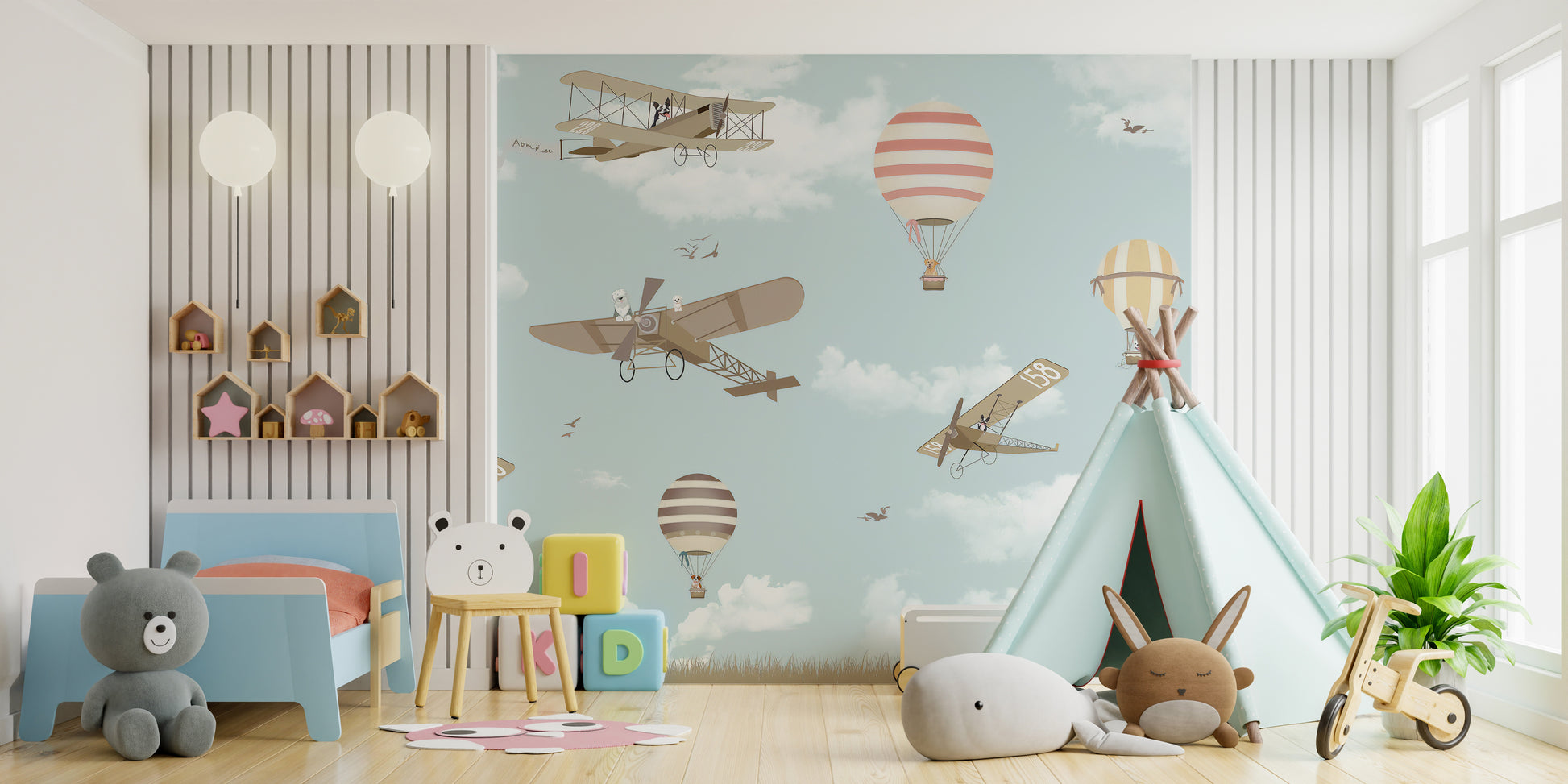 Hot Air Balloons & Planes Fun land wallpaper mural styled along a hallway feature wall near a console in blue tones