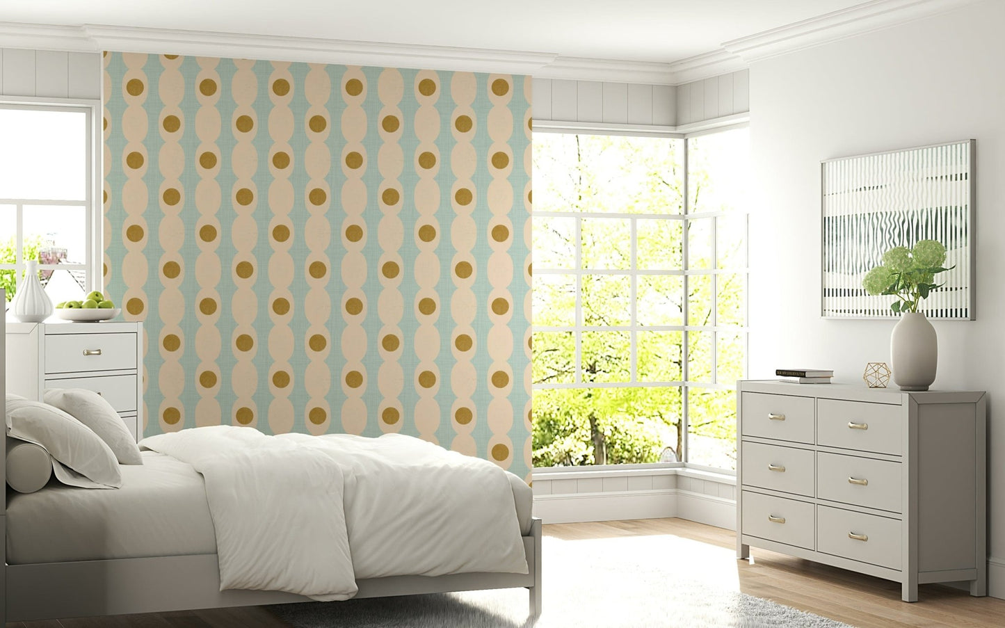 Modern hourglass motif creating a sleek, repeating echo design on the wall.