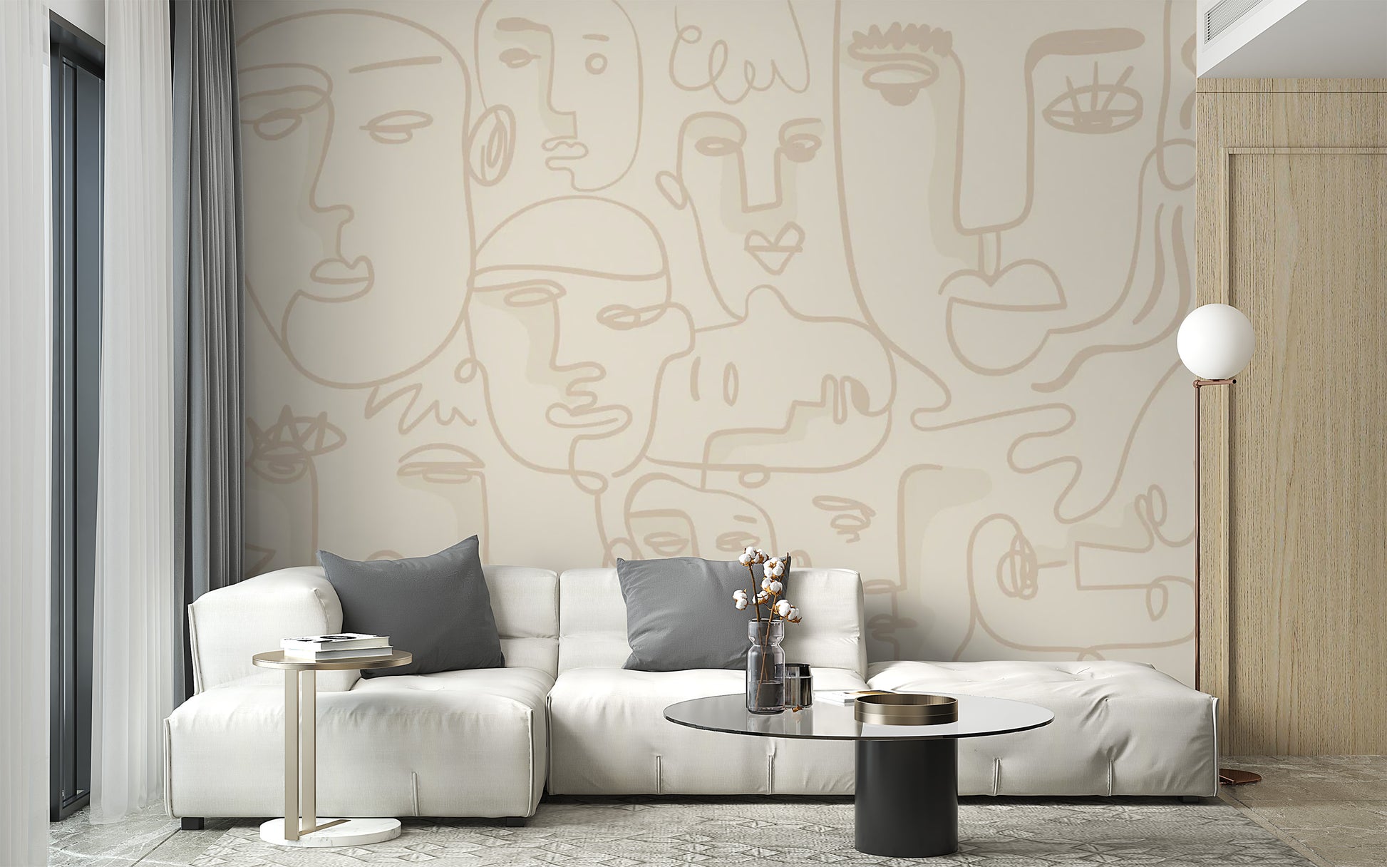 Scandi-style line art  hallway wall mural for a contemporary feature wall.