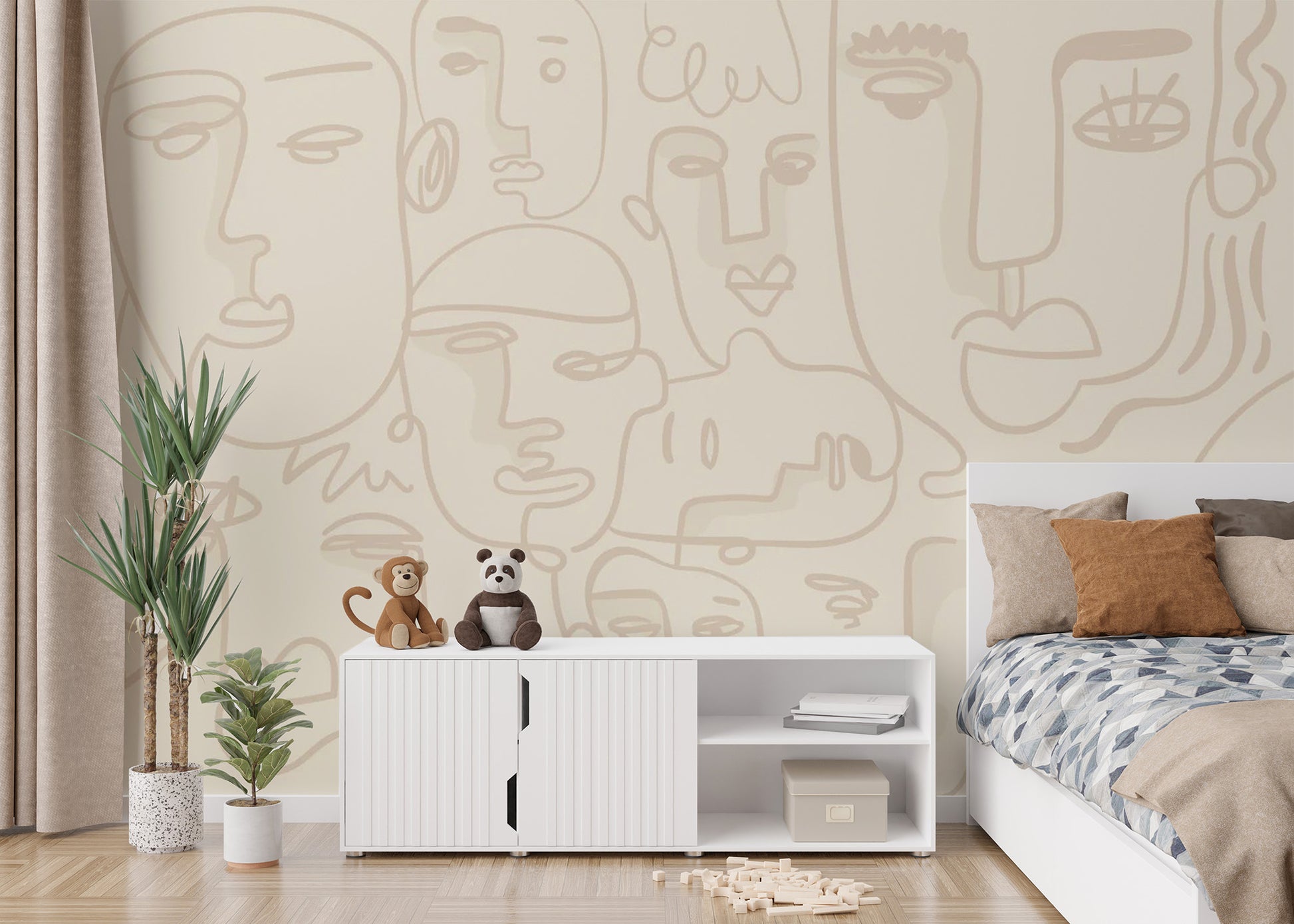 Modern artistic bedroom wall mural with neutral beige and white tones.