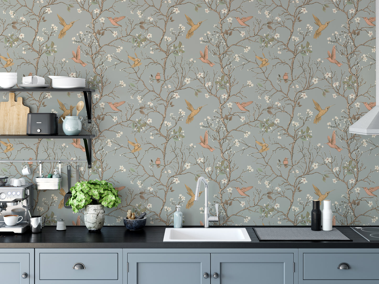 Hummingbird mural in vintage floral style