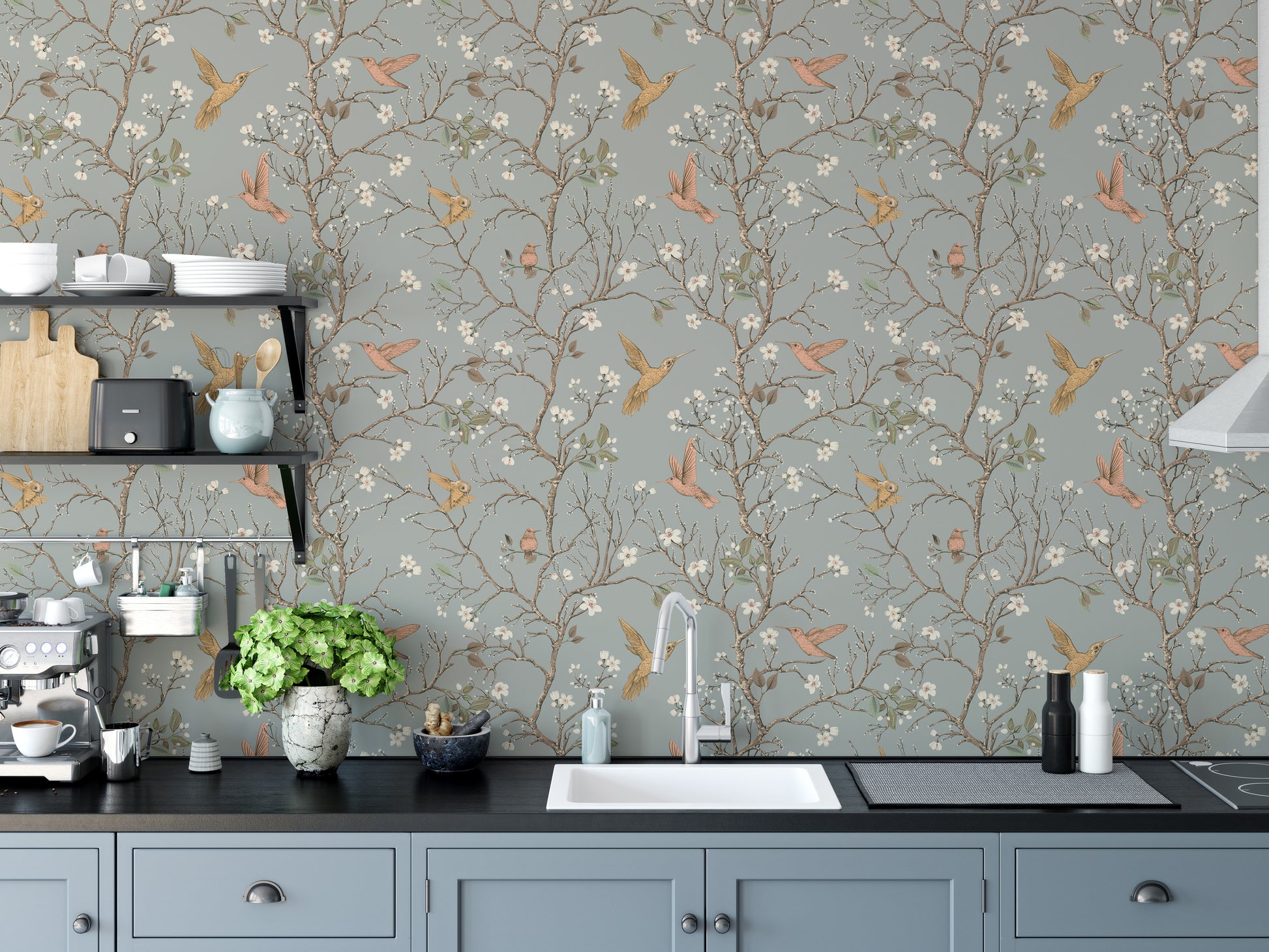 Hummingbird mural in vintage floral style