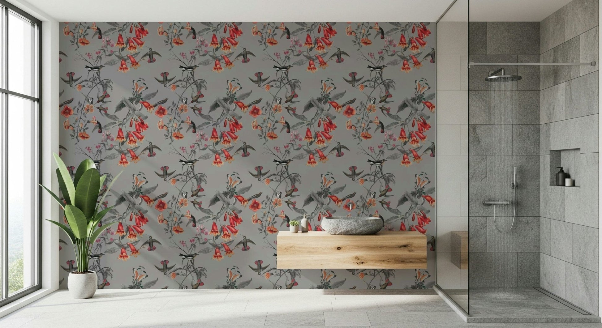 Hummingbird's Song Wallpaper behind a minimalist entertainment unit.