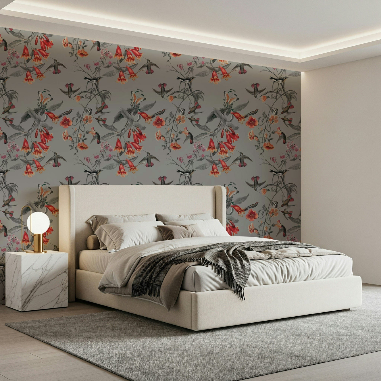 Hummingbird's Song Wallpaper in an open plan living space with timber floors.