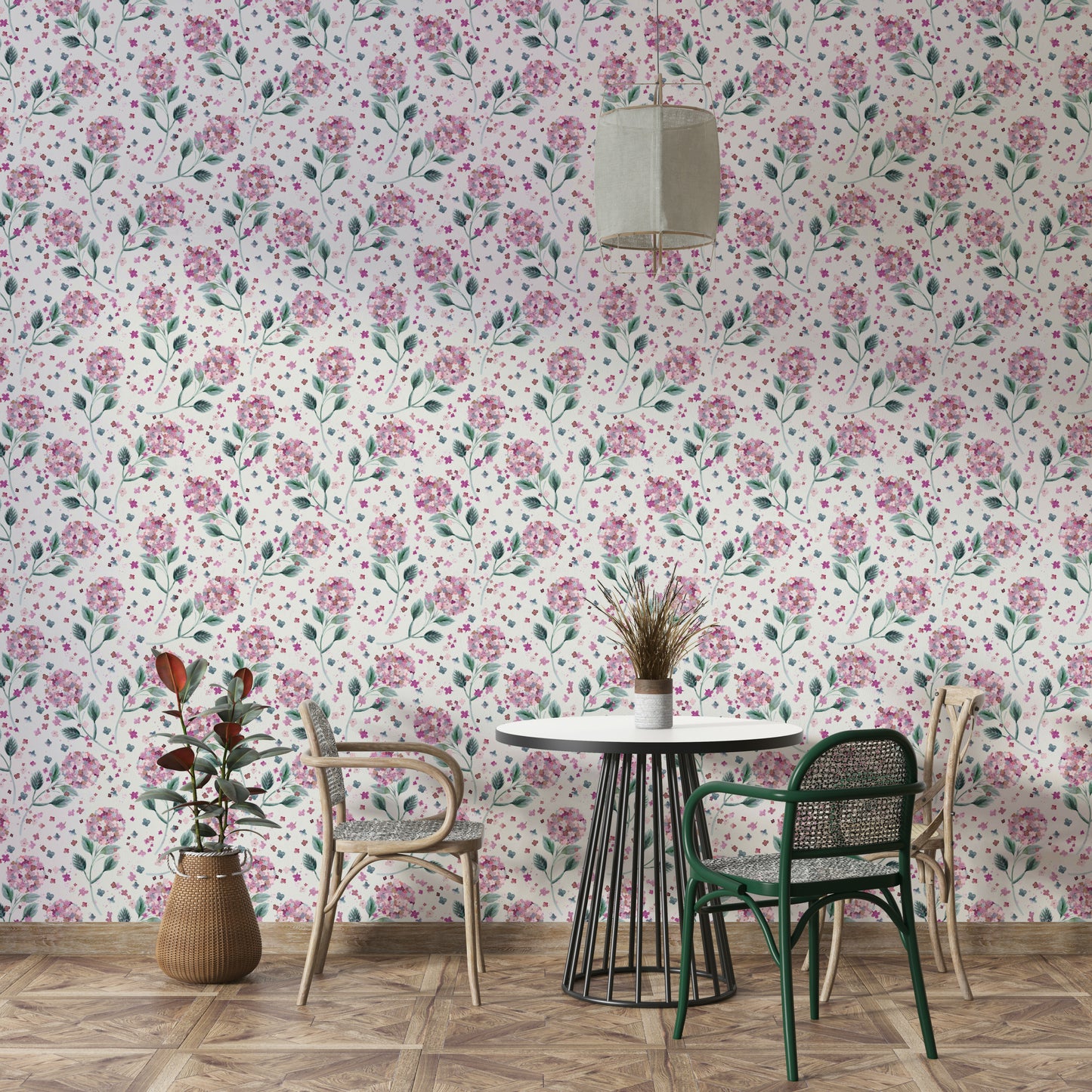 Vintage-style hydrangea floral wallpaper design