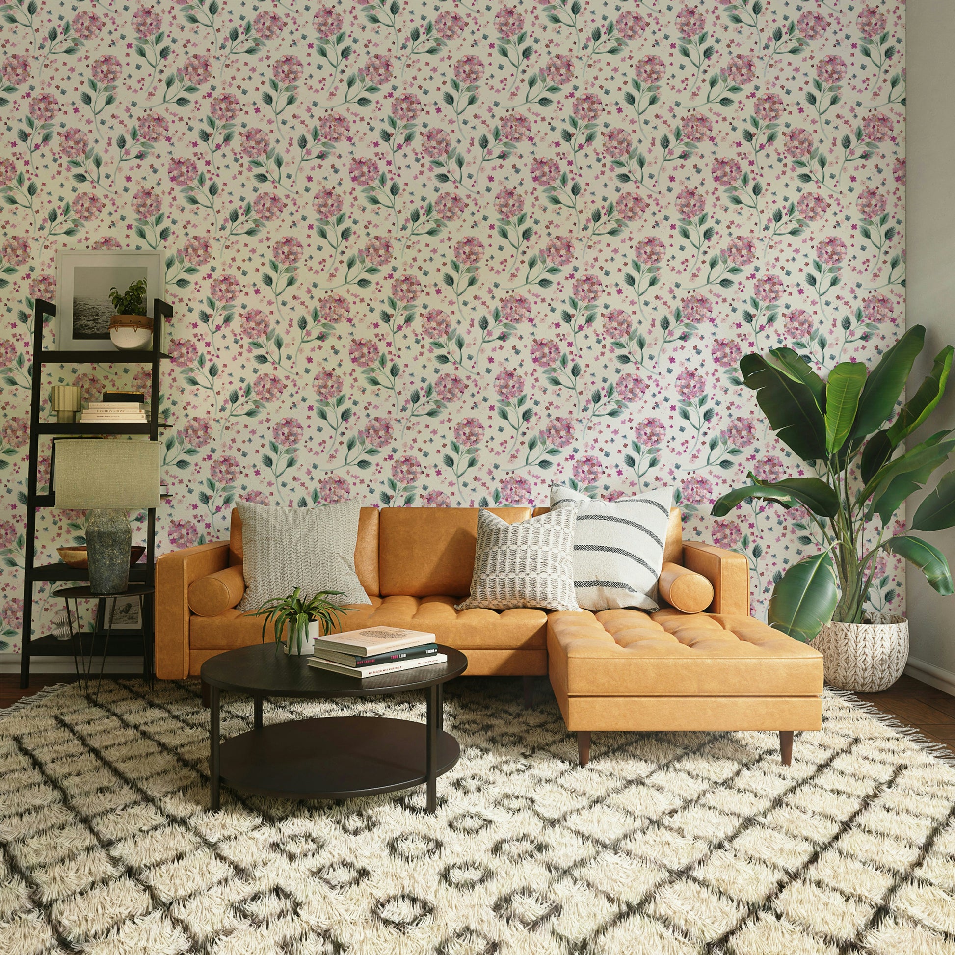 Soft pink and blue hydrangea wallpaper for walls

