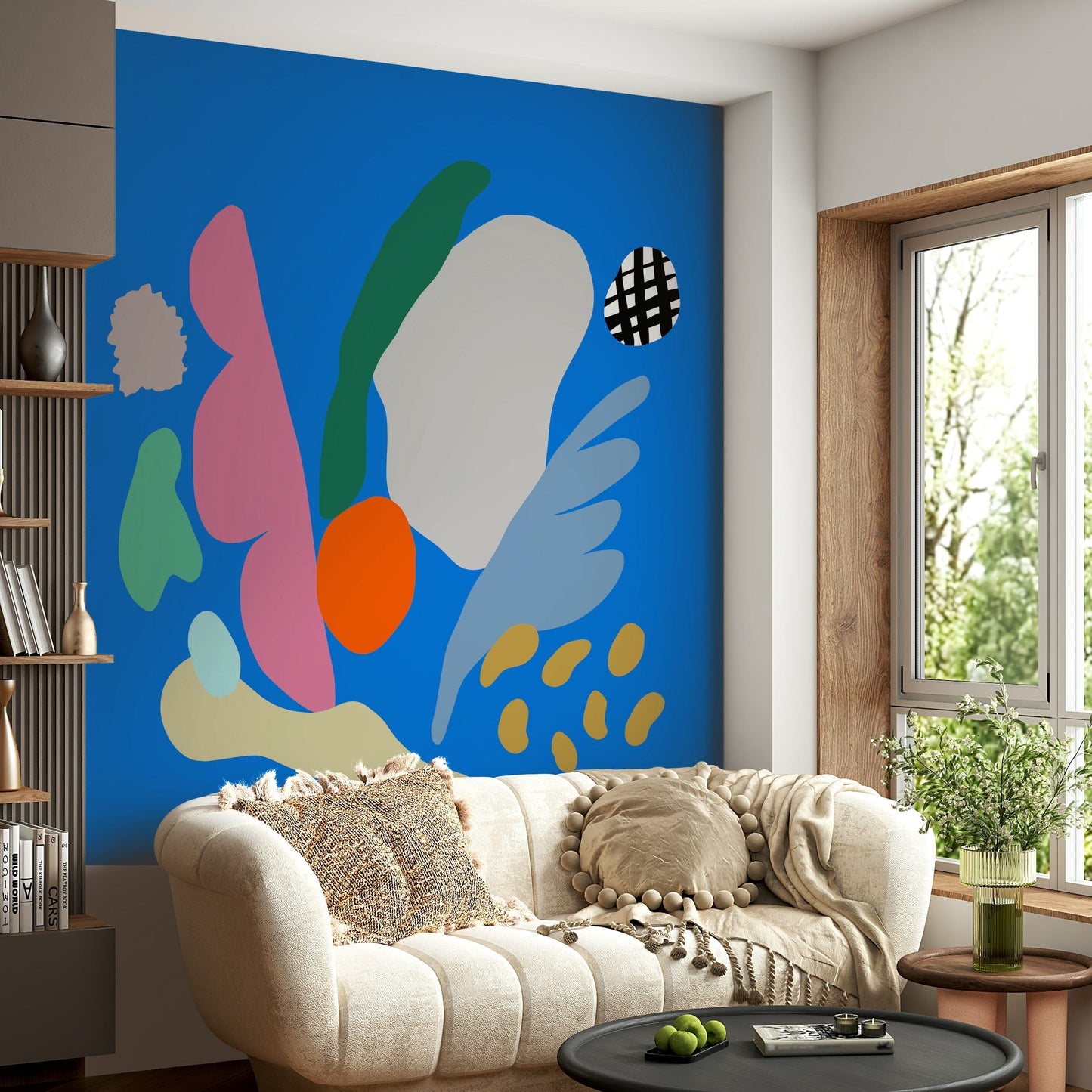 An artistic ice cream cone mural on minimalist wallpaper.

