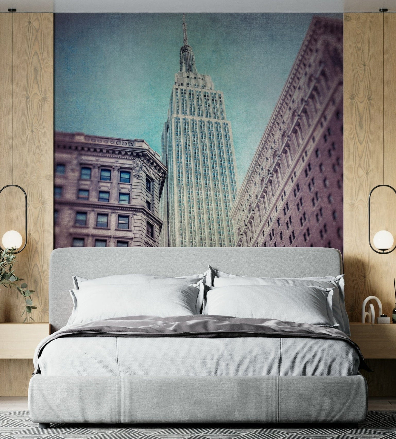 Majestic cityscape peel and stick wallpaper Iconic Majesty grayscale image.