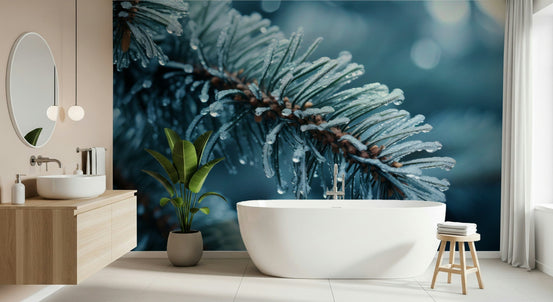Frozen Needles wallpaper mural of a frost-covered pine branch with dewdrops behind a white tub in a bathroom
