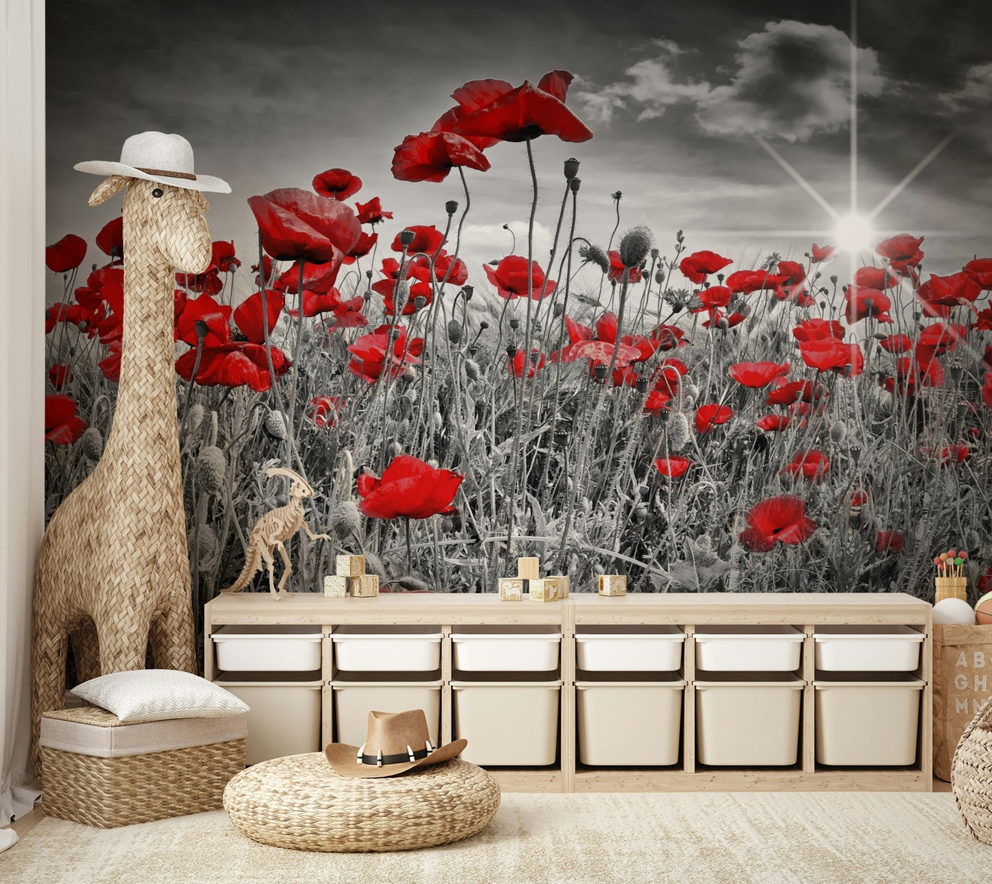 Sunlit poppy flower mural for living room or bedroom

