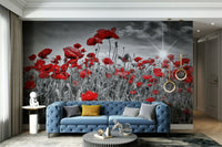 Serene poppy field wall mural with sun in the background


