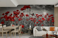 Bright sun and poppy field wall mural design

