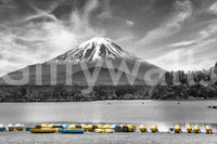 Lake Shoji and Mount Fuji mural in calm muted tones

