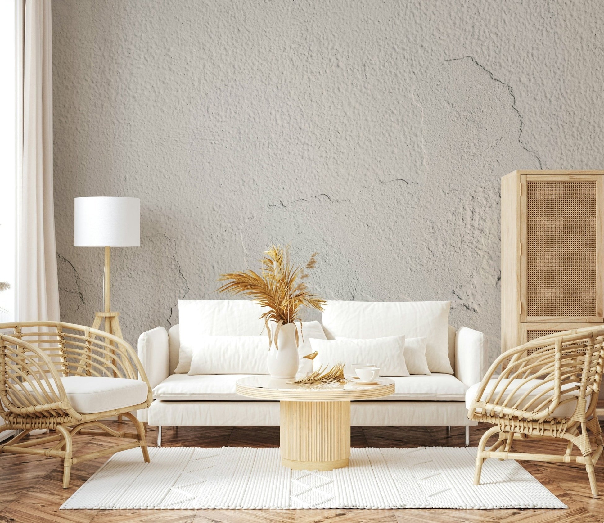 Textured wall mural with distressed white plaster creating a cozy, vintage, or farmhouse-style accent wall.