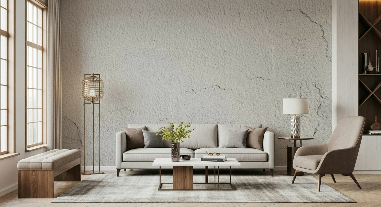 Authentic white plaster wall mural with subtle flaws and texture adding depth to any interior.