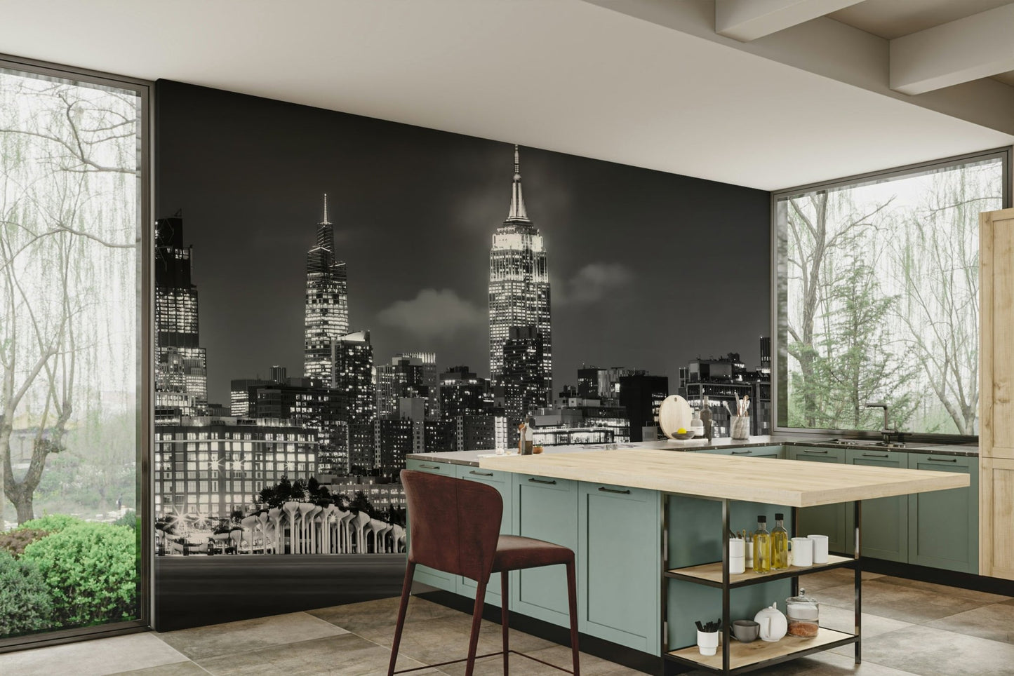 Clean matte wall mural showing towers and river edge

