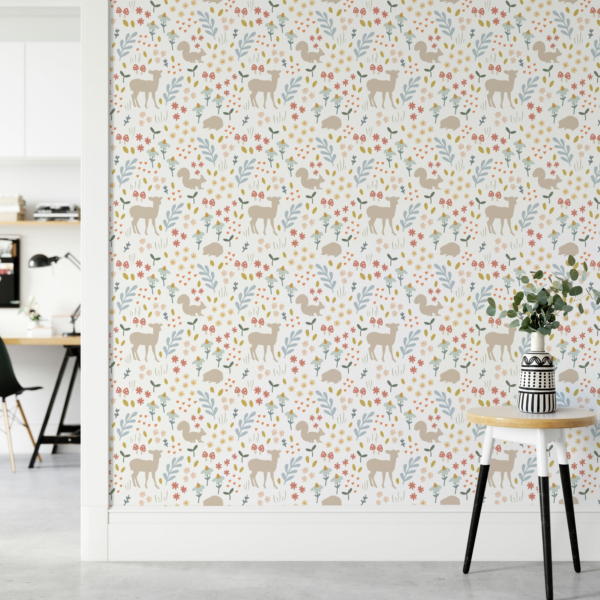 Soft pastel forest wallpaper for nursery

