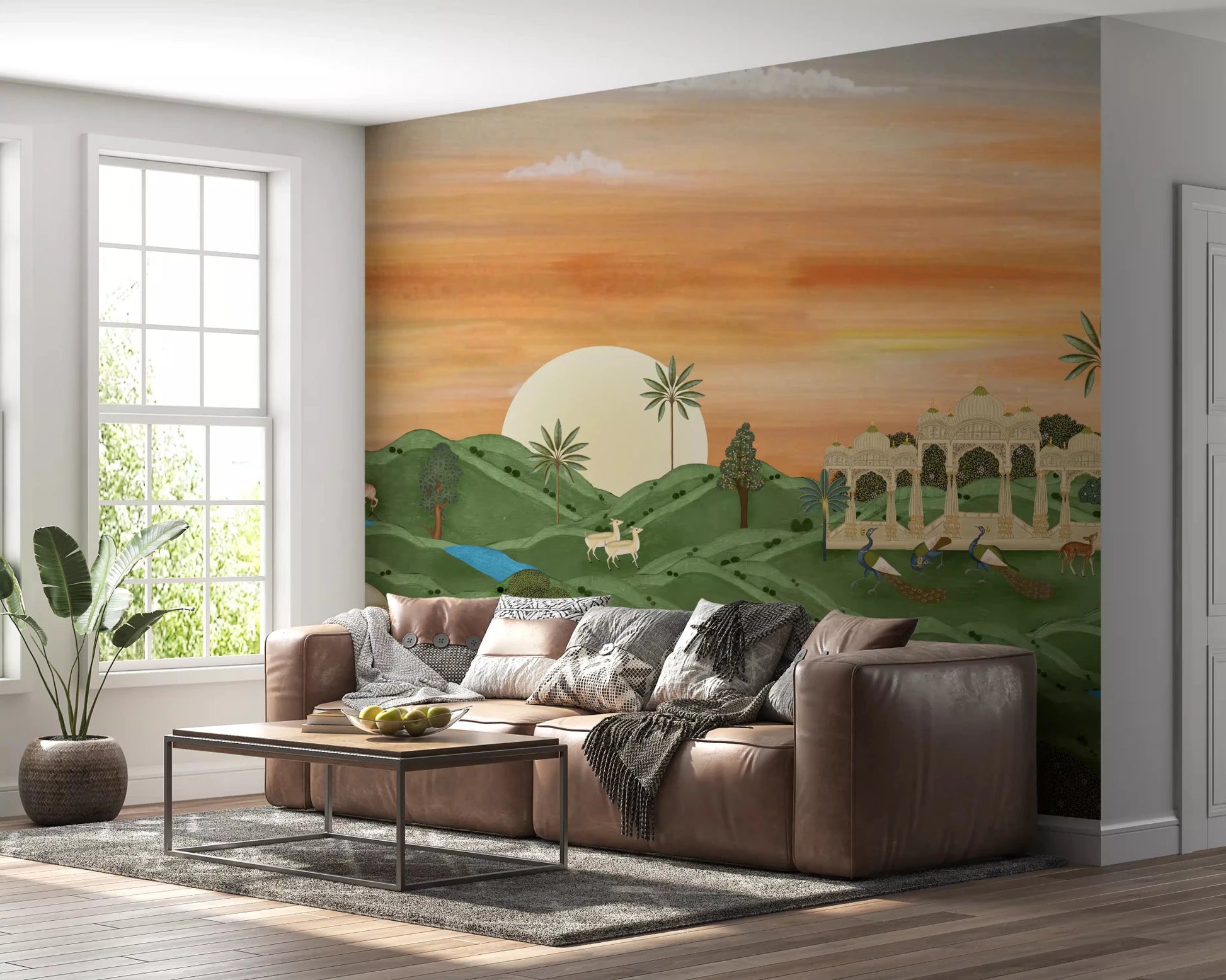 Peacocks and palace pavilion Indian horizon wall mural scene