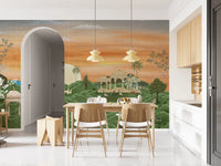 Heritage palace scenery wall mural in sunset green tones