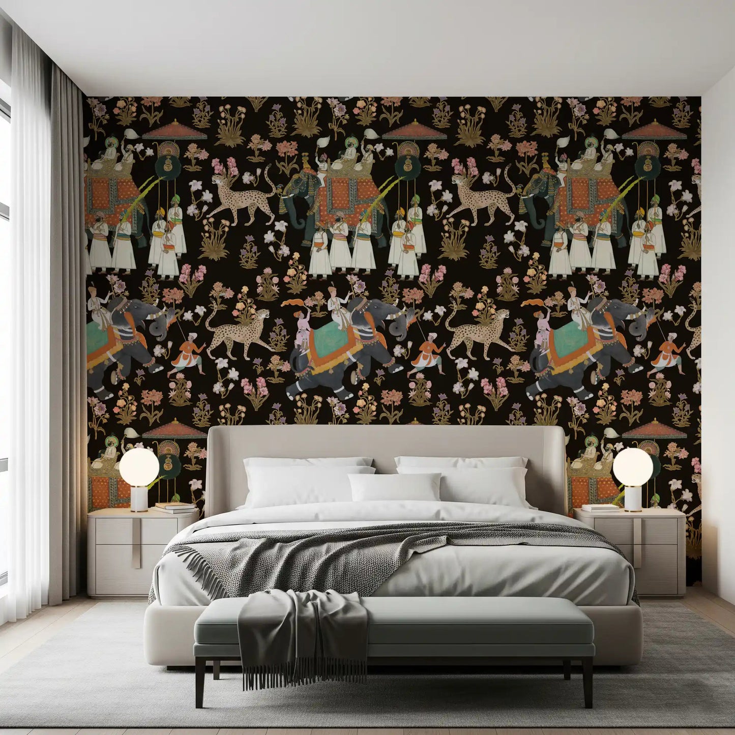 Indian Palace Procession Wall Mural showcasing traditional folk art bedroom.