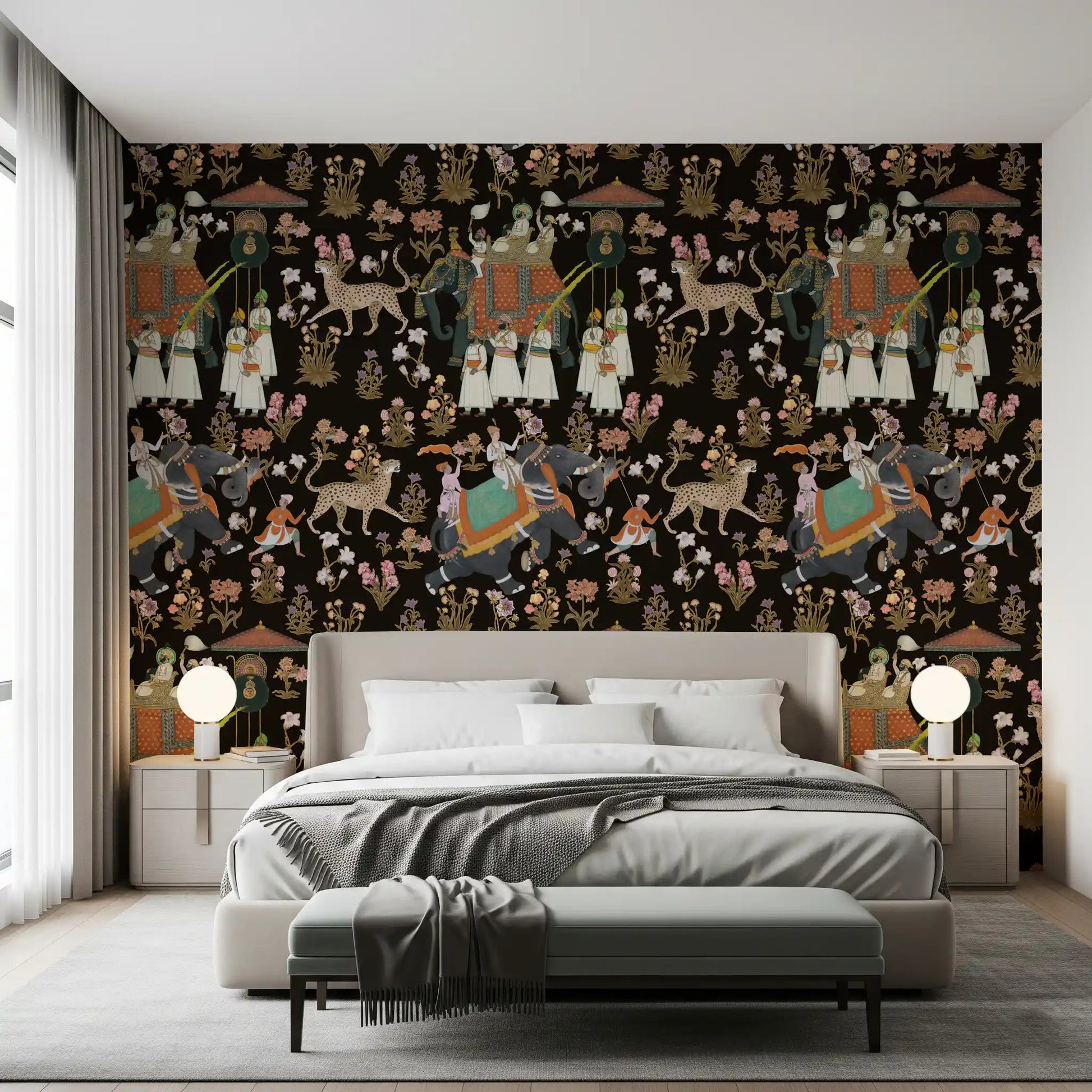 Indian Palace Procession Wall Mural showcasing traditional folk art bedroom.