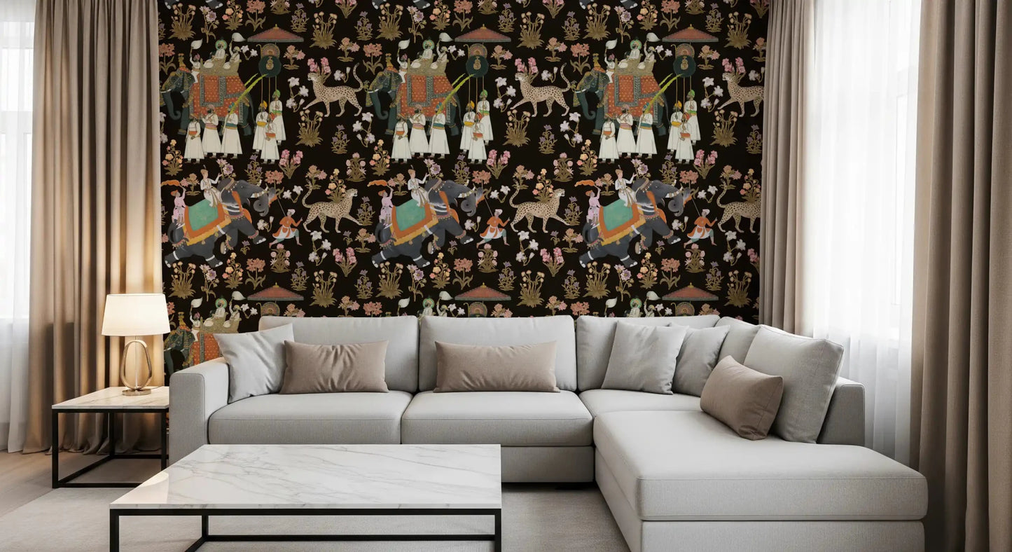 Vintage South Asian regal parade stylish living room wall mural in dark earthy tones.