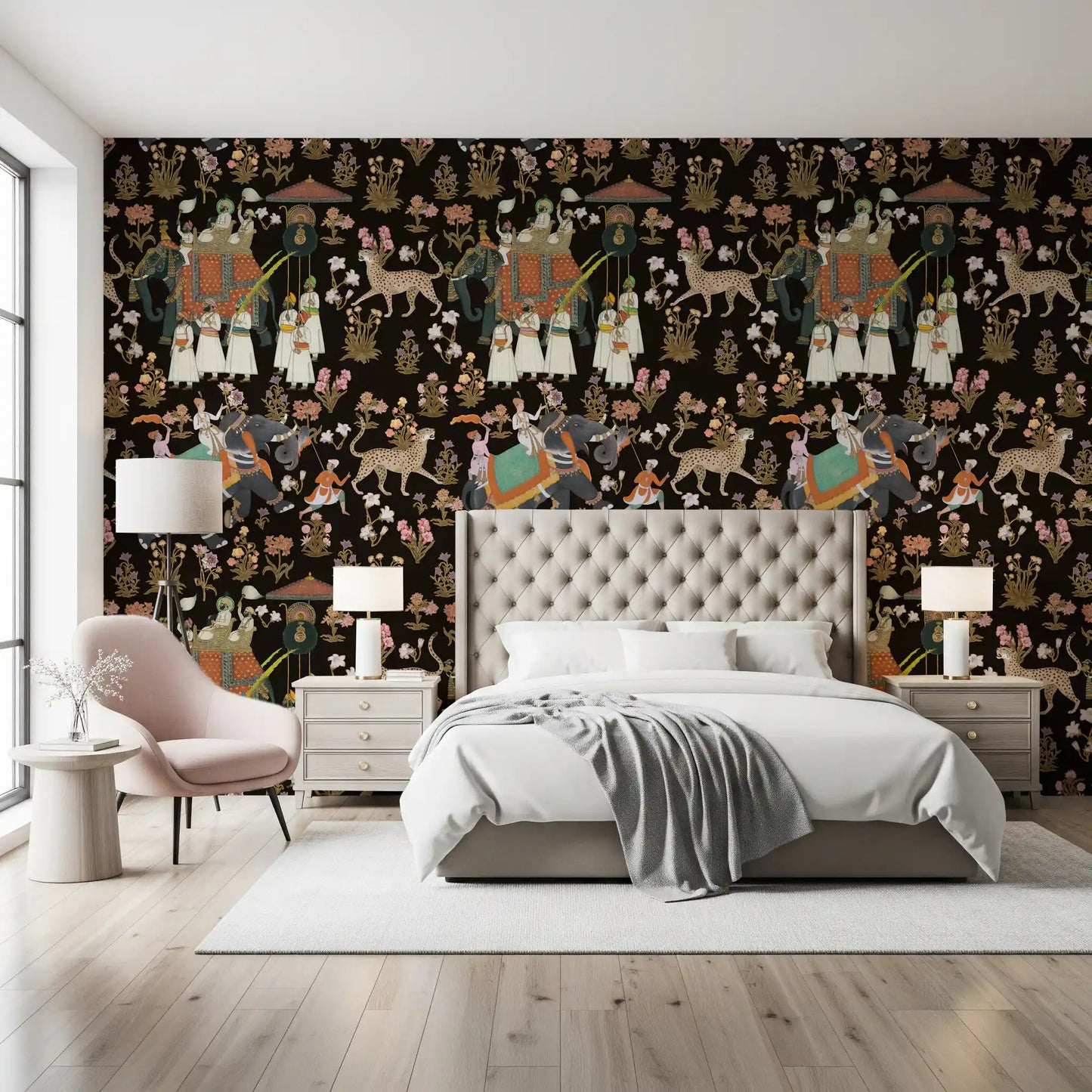 Regal maharajah parade wall mural with intricate gold and red details.