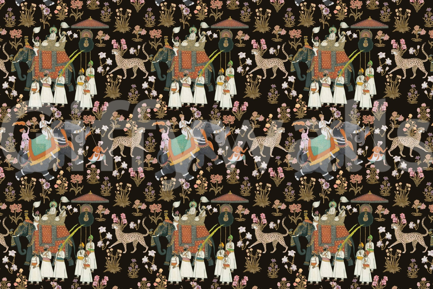 Indian Palace Procession Wall Mural with floral accents on dark backdrop.