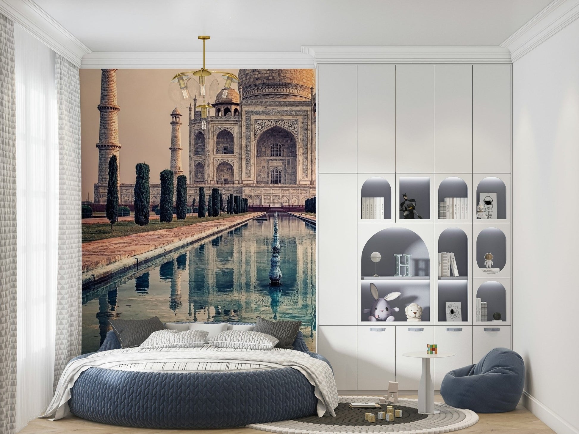 Distant mist surrounds Indian Palace Serenity wallpaper design.