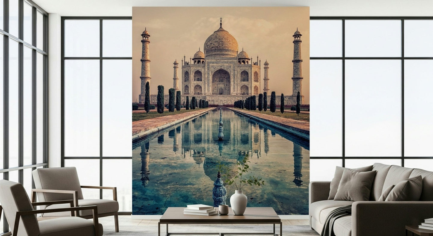 Indian Palace Serenity sunset reflects on calm pool water.