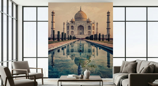 Indian Palace Serenity sunset reflects on calm pool water.