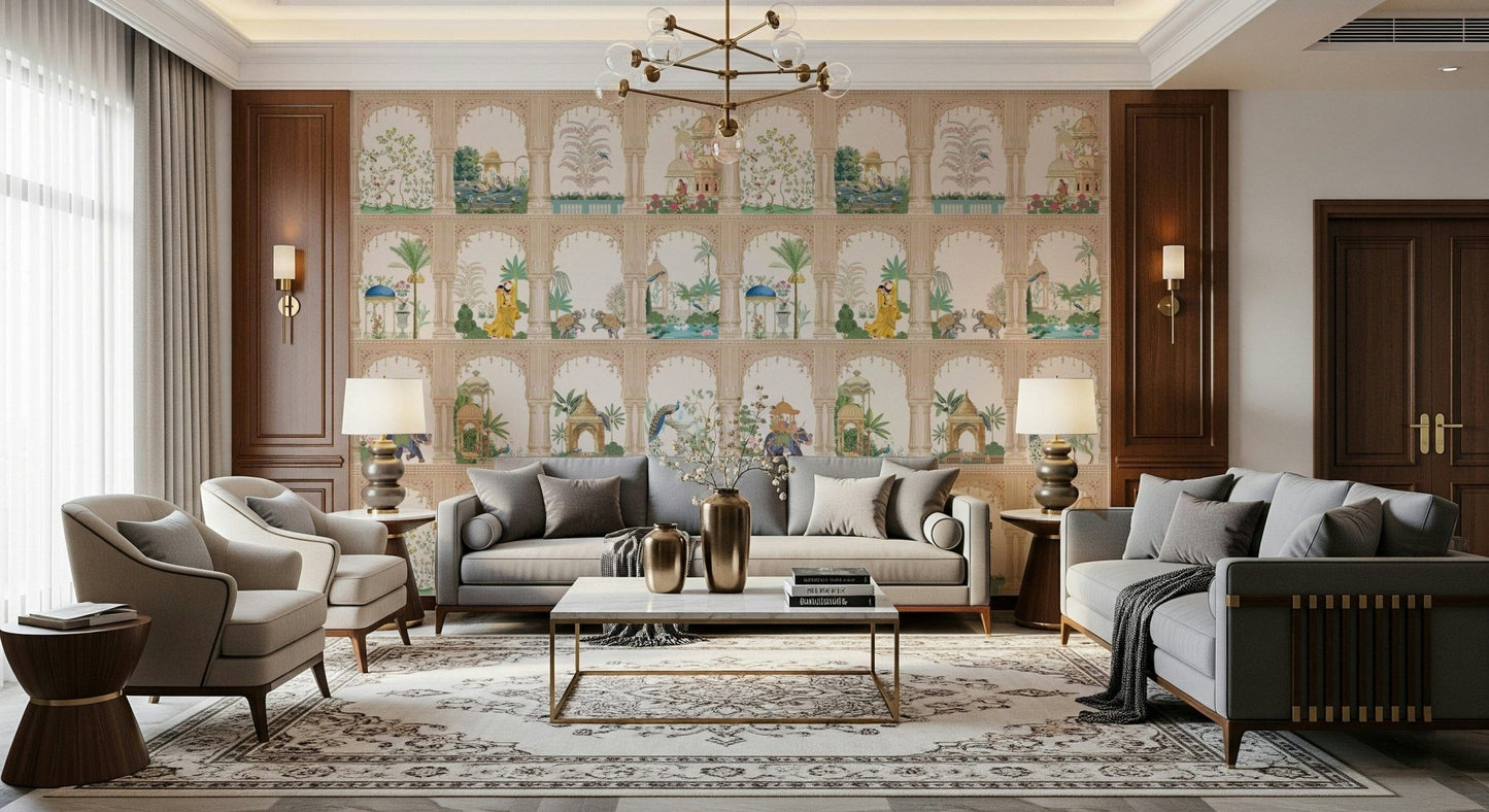 Elegant entryway featuring a mural of a marble palace courtyard with soft lighting.