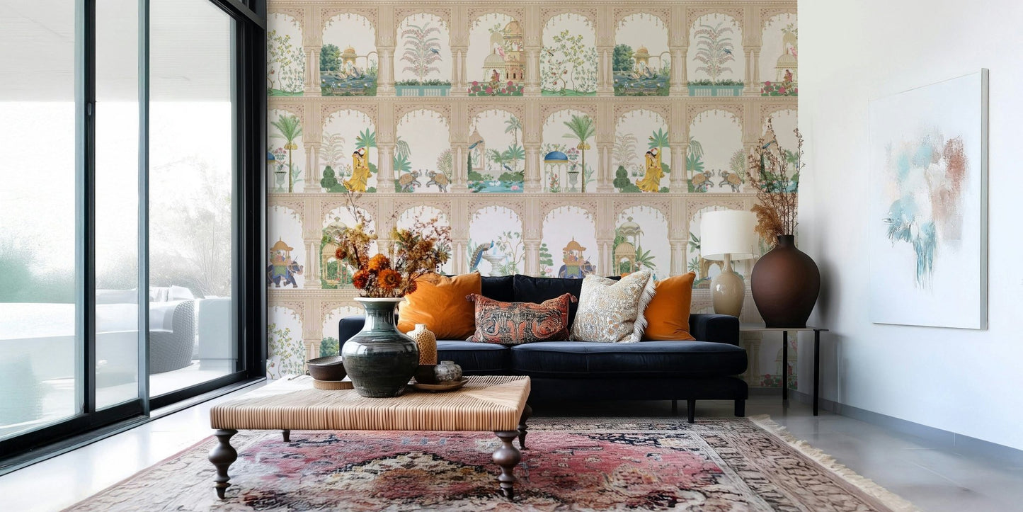 High-definition wall mural showing a symmetrical palace hall with distant mountains.