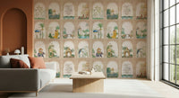 Traditional Indian palace architecture wall decor in a beige and gold color palette.