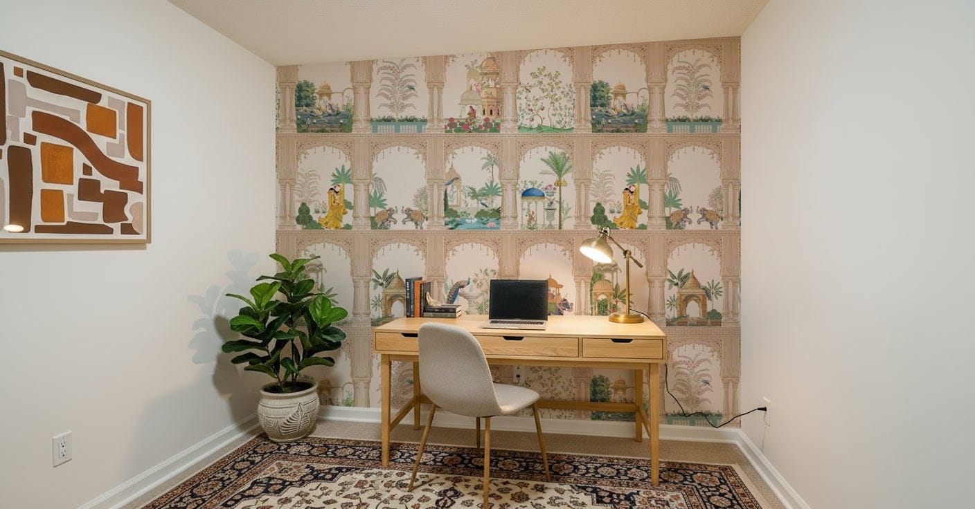 Sophisticated wall covering depicting a grand archway overlooking a desert landscape.