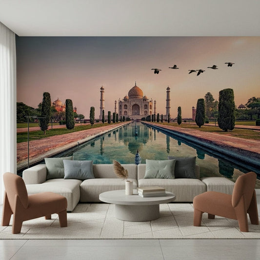 India's Taj Mahal: A Timeless Wonder wallpaper mural at sunset behind a cream sofa and two terracotta armchairs