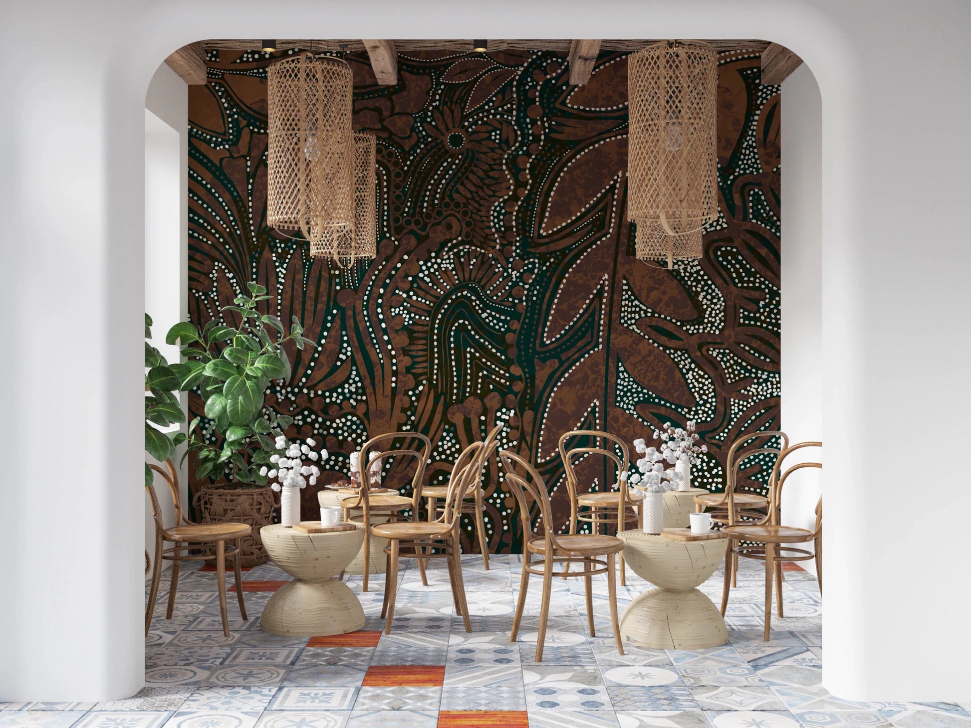 Indigenous Forest wall mural behind bentwood chairs and rattan pendants in a tiled-floor cafe