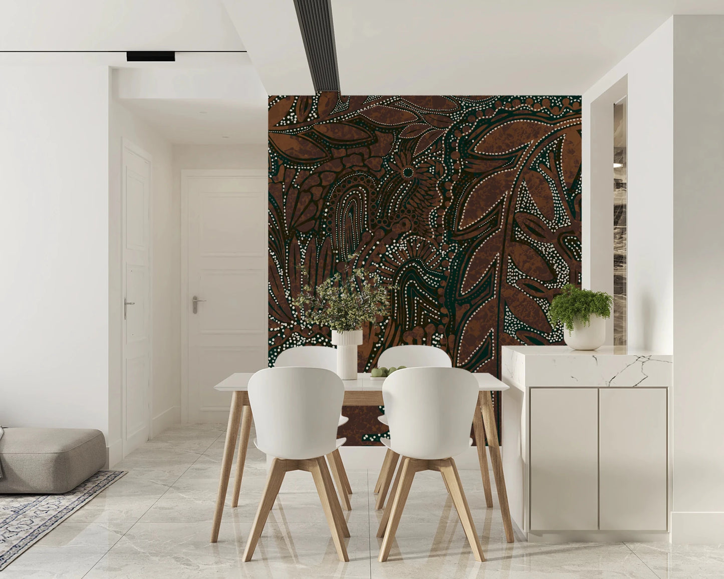 Indigenous Forest wall mural behind a dining table with white chairs and a marble sideboard