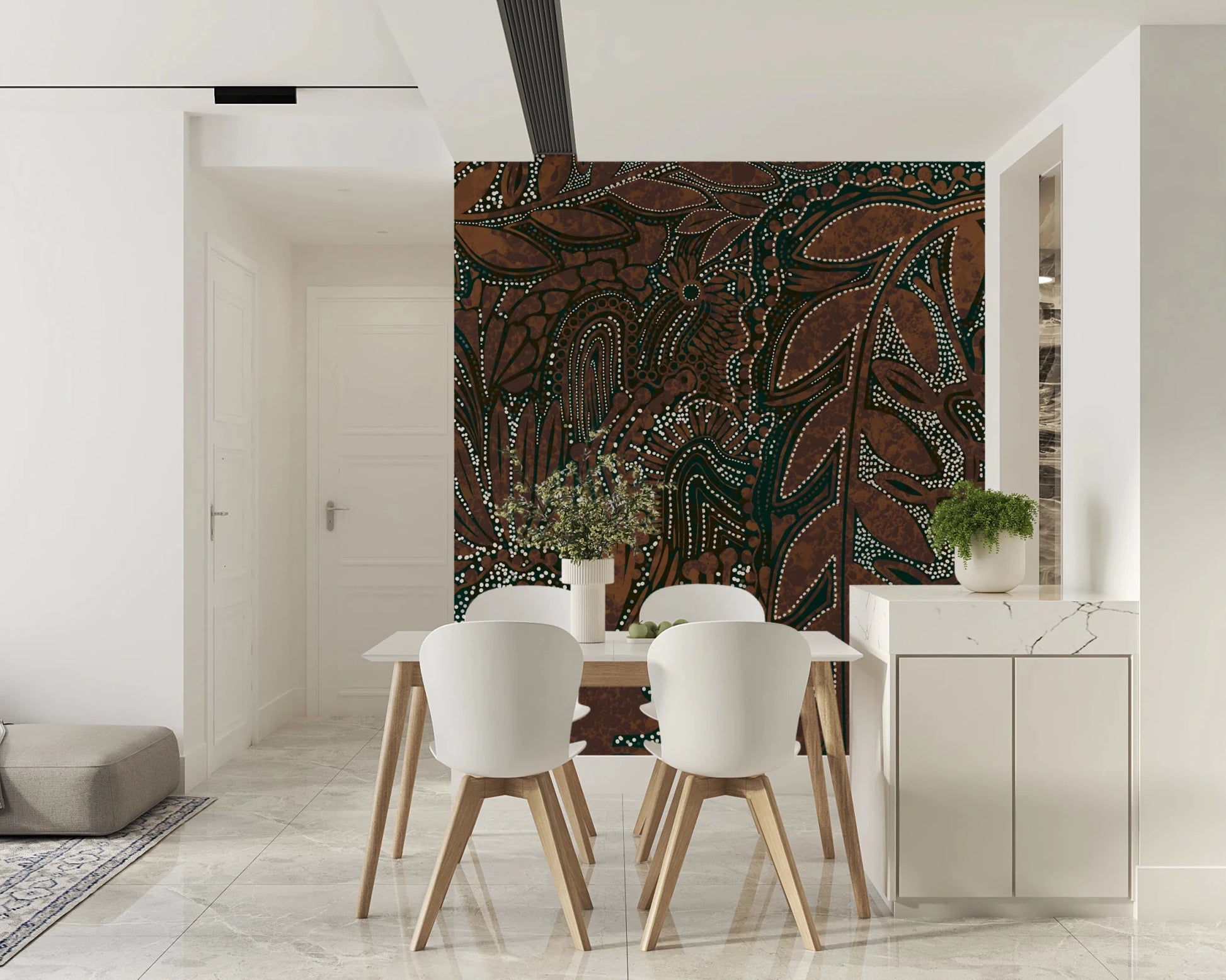 Indigenous Forest wall mural behind a dining table with white chairs and a marble sideboard