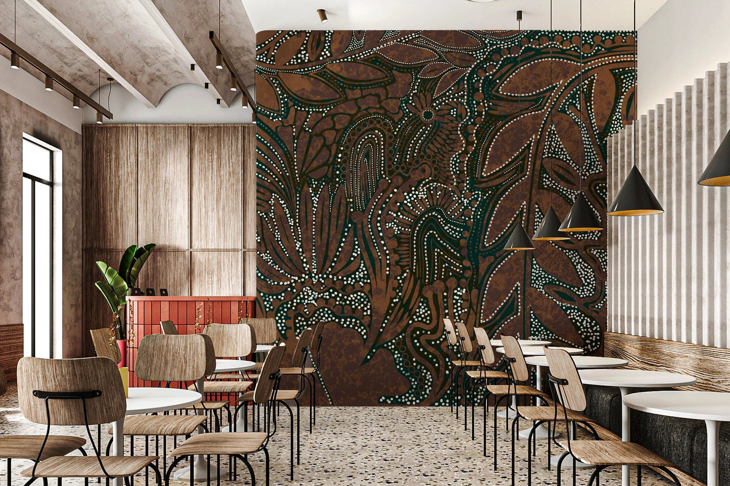 Indigenous Forest wall mural in brown dot-art botanicals behind bistro tables in a cafe with terrazzo floor