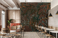 Indigenous Forest wall mural in brown dot-art botanicals behind bistro tables in a cafe with terrazzo floor